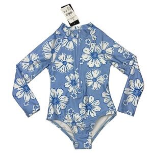 Cotton On Girls Blue Floral Print Long Sleeve Lydia One Piece Swimsuit - Size 3